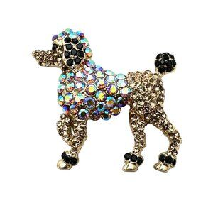 Black Brown Crystal Poodle Dog Brooch Pin Gold tone Vintage Style